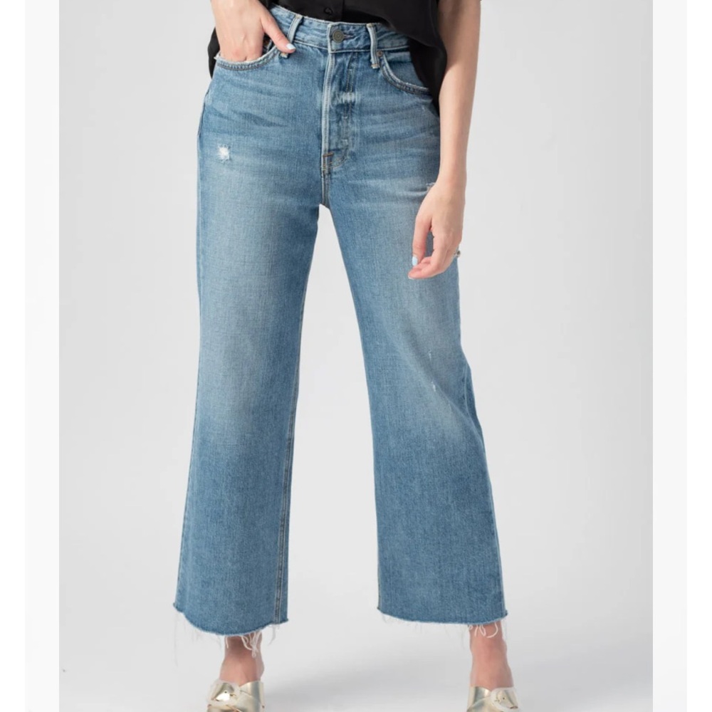 GRLFRND BOBBI Blue Denim Wide Leg Distressed Raw Hem Jeans 27 Gonna Fly Now